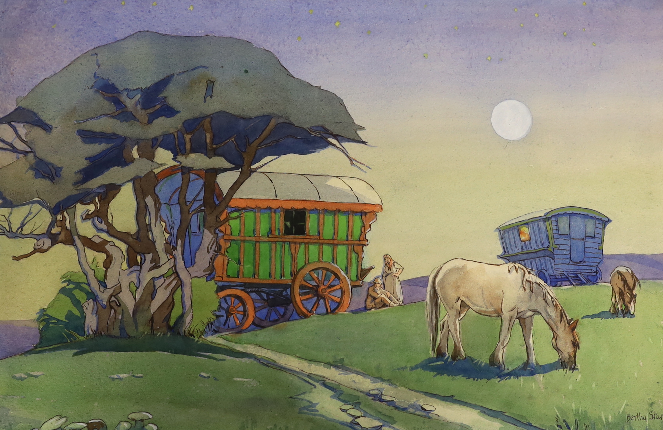 Bertha Stamp (American, b.1877), three ink and watercolours, Gypsy Caravan scenes, ‘The Night Club’, ‘Twixt Day & Night’ & ‘Evening Calm’, two signed, largest 30 x 44cm, unframed